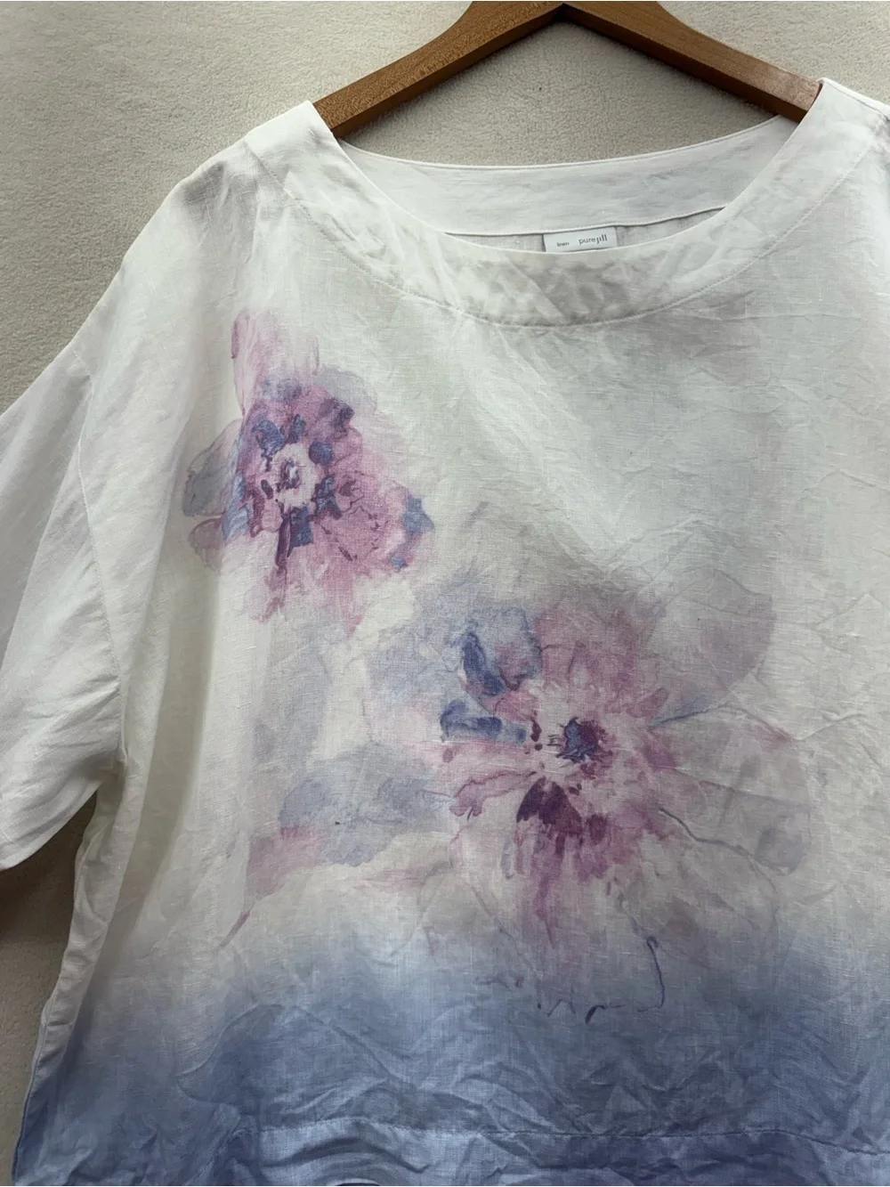 Pure Jill Linen Blouse Women’s Large Floral Watercolor Purple Boxy Top Boho - Picture 3 of 6